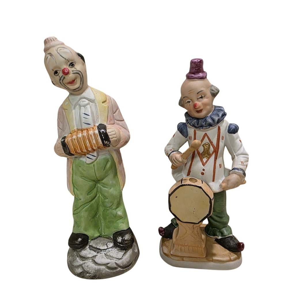 Porcelain Clown Figurine With Matte Finish Musicians Playing‎ Accordion Drum Vtg
